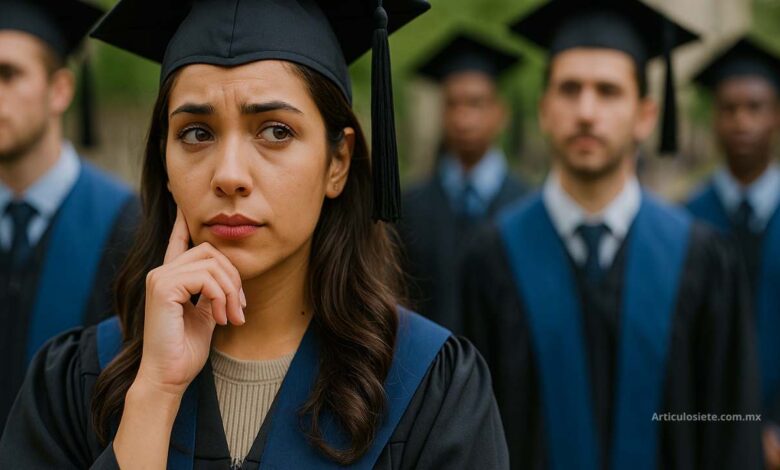 Joven mexicana con toga y birrete mirando pensativa hacia un lado durante su ceremonia de graduación, acompañada de otros estudiantes en segundo plano.