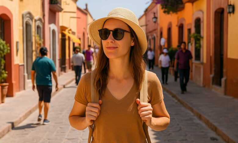 Mujer joven con sombrero de turista y lentes oscuros caminando por una calle soleada de Tequisquiapan, Querétaro, rodeada de personas y arquitectura colonial.