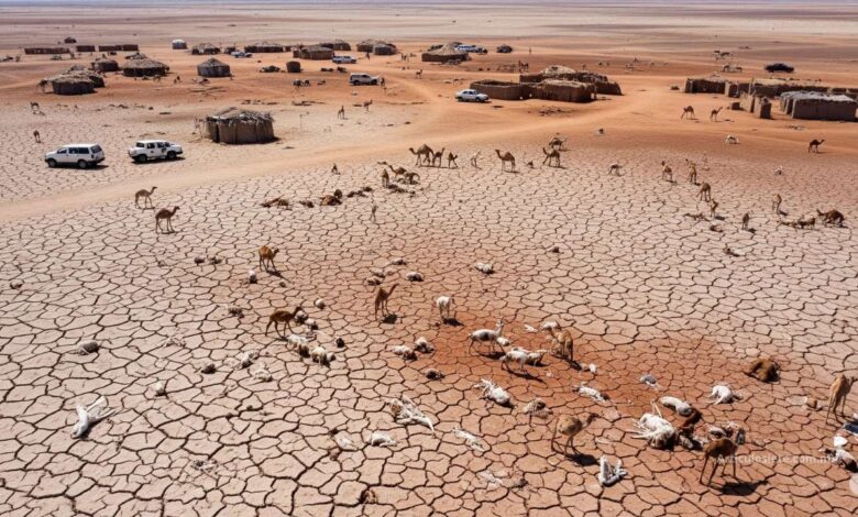 Vista aérea realista de paisajes áridos y agrietados en el Cuerno de África, con rastros de asentamientos humanos y ganado muerto, simbolizando la devastadora sequía en 2025