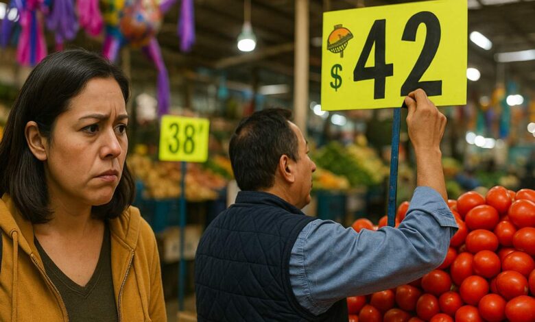 Mujer preocupada observa cómo un vendedor en un mercado mexicano cambia el precio de los jitomates a 42 pesos debido a la inflación.