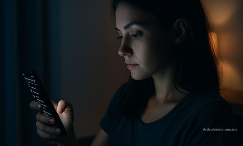 Una mujer joven usando su teléfono móvil en una habitación con poca luz. La pantalla de su dispositivo muestra claramente una interfaz en modo oscuro, con fondo negro y letras claras. Iluminación suave, entorno nocturno moderno.
