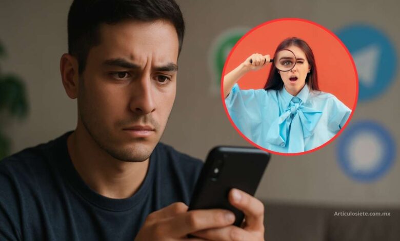 Persona joven usando su celular con expresión seria, revisando notificaciones de privacidad, con íconos borrosos de WhatsApp, Telegram y Signal al fondo.
