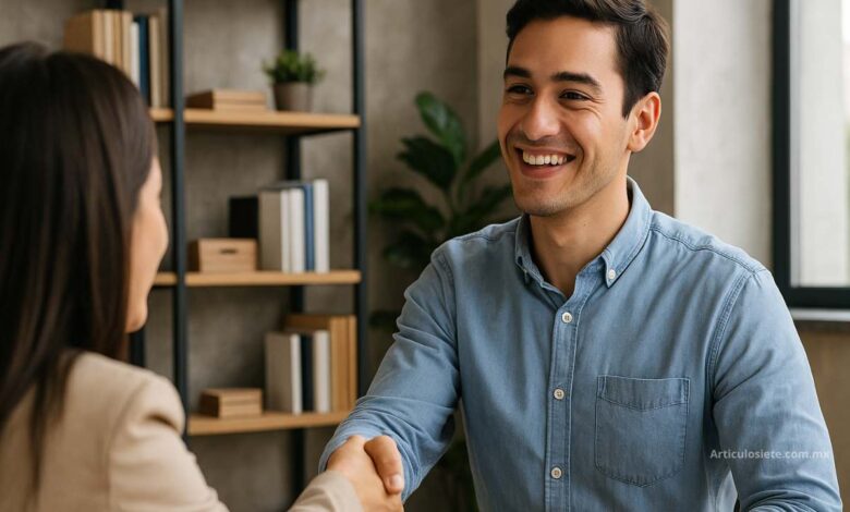 Hombre joven sonriente da la mano a una colega en una oficina moderna, representando un ambiente laboral positivo y enfocado en bienestar emocional.