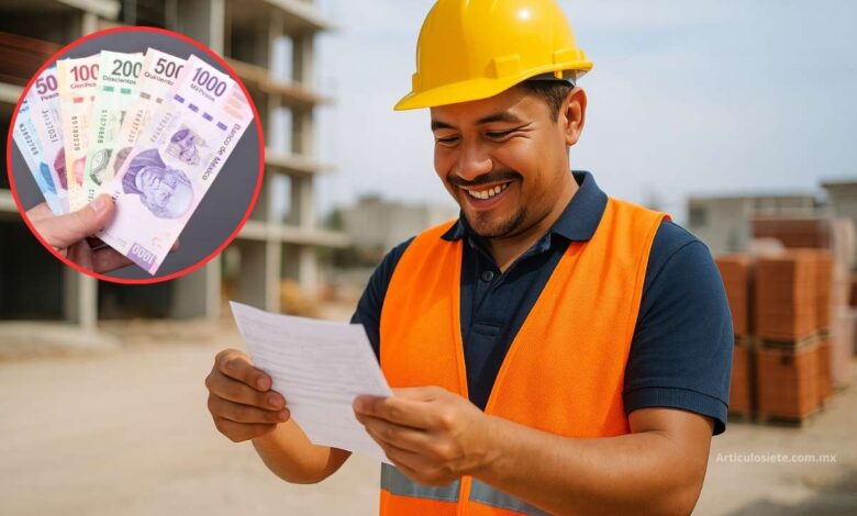 Trabajador mexicano sonriente con casco y chaleco observa su recibo de pago en una obra, representando el impacto positivo del aumento al salario mínimo en 2025.
