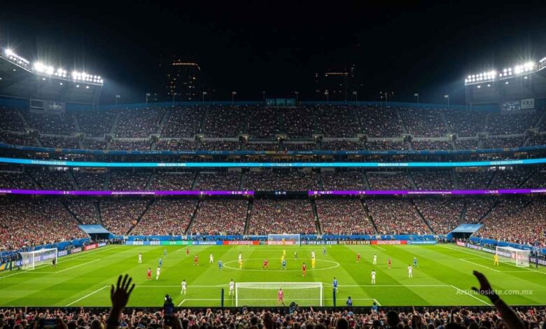 Vista de un partido nocturno en un estadio lleno de Estados Unidos durante el Mundial de Clubes 2025, simbolizando la emoción de la fase final de grupos